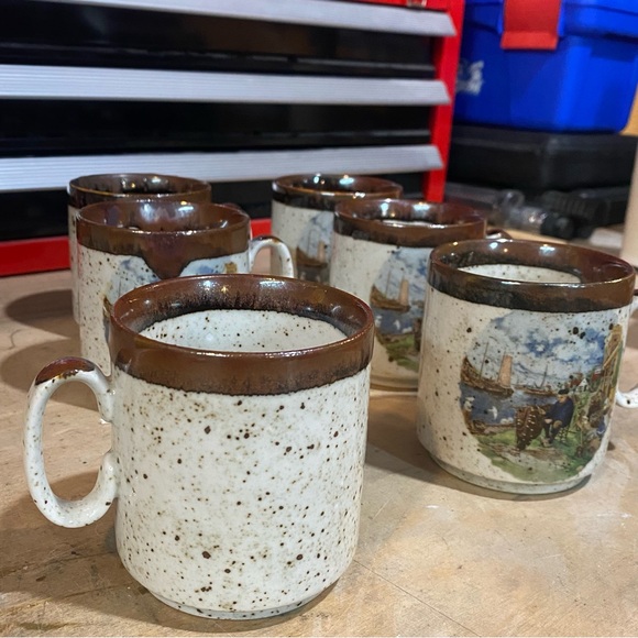 Set of 6 Vintage Royal Schwabap, Fisherman tending his Nets 6oz Mugs - Picture 3 of 6